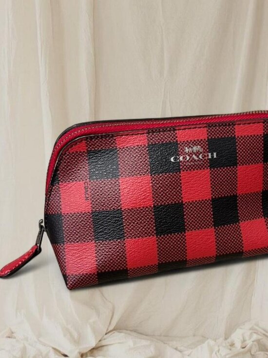 Coach Handbags - Authentic Coach Monogram Plaid Red & Black Logo Mini Zipper Bag 🍸
